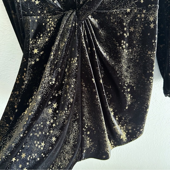 AllSaints Jemima Star Printed Velvet Knot Mini Dress Sz 2 Black Gold celestial - Picture 3 of 8